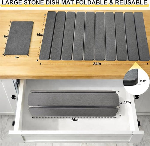 2 Pcs Large Stone Dish Drying Mat For Kitchen Counter 24×16 Collapsible Quick Stone Dry Dish Mat Absorbent Diatomaceous Earth Mats For Bottles Cups Match Any Countertop (Dark Gray 2 24 x 16)