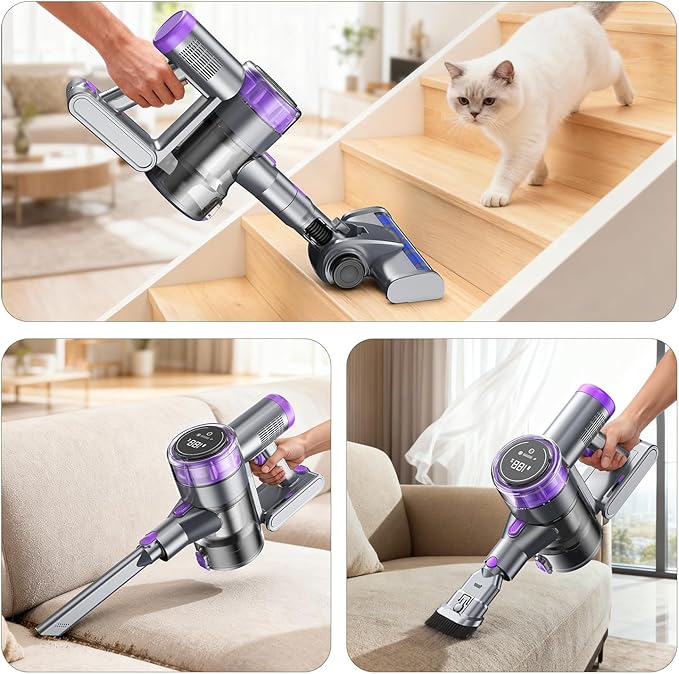 Cordless Vacuum Cleaner 30Kpa Vacuum Cleaners for Home Stick Vacuum with LED Display 2 Roller Brushes for Anti-Tangle &amp Hard Floor 6 in 1 Lightweight Vacuum for Hard Floors Carpet Pet Hair
