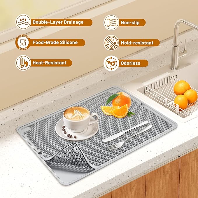 Large 20x15 Dish Drying Mat for kitchen Counter | Super Absorbent Food-Grade Silicone Double-Layer Design Non-Slip &amp Easy to Clean | Drainer Pad for Sink Coffee Machine &amp Drying Rack | G