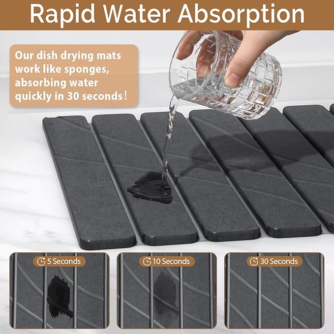 Large Stone Dish Drying Mat for Kitchen Counter2 PCS Quick Dry Stone MatsFoldable Water Absorbing Diatomaceous Drying Pad for Countertop Bottles Utensils Cups (Flow Line Dark Gray 24x16 &amp 8x4