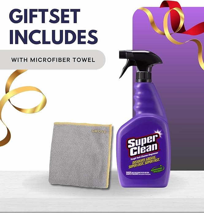 Super Clean Citrus Scent Cleaner and Degreaser Spray 32 oz Bundle with Microfiber Cloth - Heavy Duty Degreaser for Kitchen Oil Grime and Dirt Removal - (2 Items)