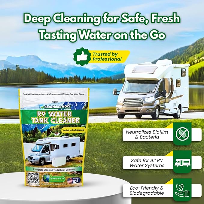 SolutionsHOCL® RV Water Tank Cleaner &amp Descaler 400g | Bleach-Free Powder for Fresh &amp Gray Tanks | Made with NSF/ANSI 60 Certified Ingredients