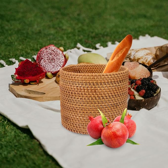 Mikikit Round Rattan Trash can Small Decorative Wicker Basket for Home Storage Desktop Organizer 6.6 Inch Fruit Vegetable Basket