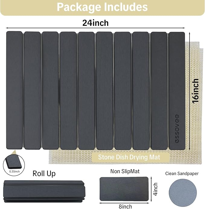 Large Stone Dish Drying Mat for Kitchen Counter 24×16 – Quick Drying Diatomaceous Earth Super Non-Slip Absorbent Birthday Gfts for Women Mom Grandma (2PCS Dark Gray 24 x 16&amp 8 x4 )