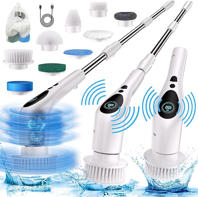 Electric Spin Scrubber Electric Spin Cordless Tub and Tile Scrubber with Voice Broadcasting 3 Speed 9 Replaceable Clean Heads Power Spin Scrubbers