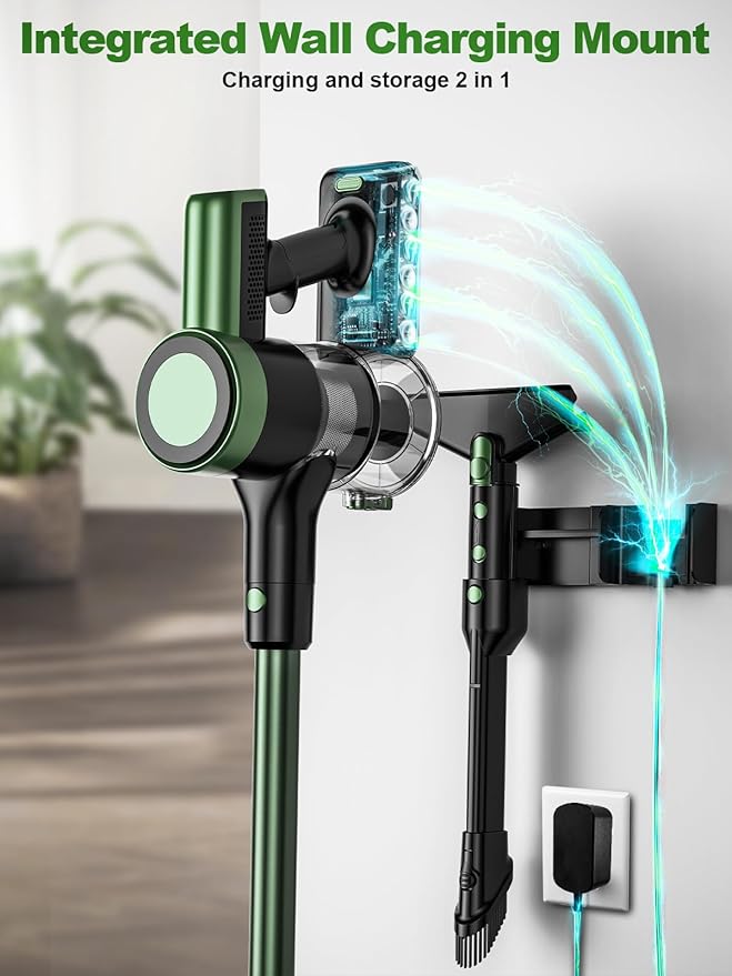 Cordless Vacuum Cleaner 58Kpa Vacuum Cleaners for Home 55Mins Stick Vacuum with Self-Standing &amp LED Display Anti-Tangle &amp Wall Mount Charging (Green)