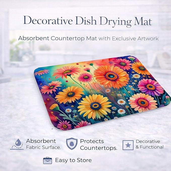 Caroline's Treasures DAC1436DDM Gerbera Daisies in Color Dish Drying Mat Absorbent Dish Drying Mat Pad for Kitchen Counter Dish Drainer Mat for Countertop 14 x 21 Multicolor