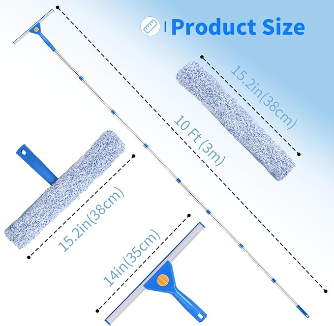 10Ft Window Cleaning Kit with Extension Pole 14 Squeegee and 15 Scrubber with Long Handle Window Cleaner Tool Washing Equipment for Outdoor High Windows Glass