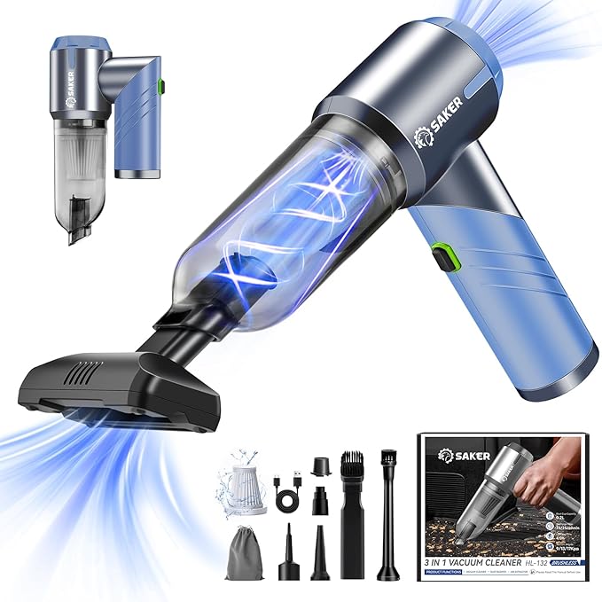 Saker Portable Car Vacuum Cleaner Cordless High Power 17000PA 3 in 1 Foldable Handheld Vacuum Cordless with Brushless Motor for InflationDust BlowingHome Car Cleaning HL132 Blue