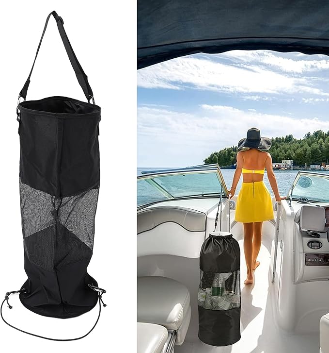 Boat Trash Bag Mesh Trash Bag with Lanyard Secure Closure Nylon Mesh Reusable Portable Boat Trash Can for Outdoor Seaside