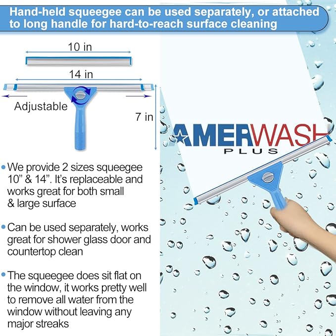 Window Squeegee Washing Kit for High Window Shower Glass Door Mirror Cleaning with 69-inch Extension Pole Extra 14'' Wide Squeegee and 2 Microfiber Scrubbers Included