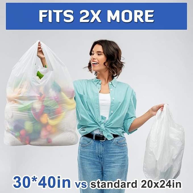 100 Pack 40 x 30 x 8 Extra Large White Plastic Shopping Bags(0.8 Mil Thick) Reusable Heavy Duty Large T-shirt Grocery Bags Bulk with Handles for Restaurant Retail Business