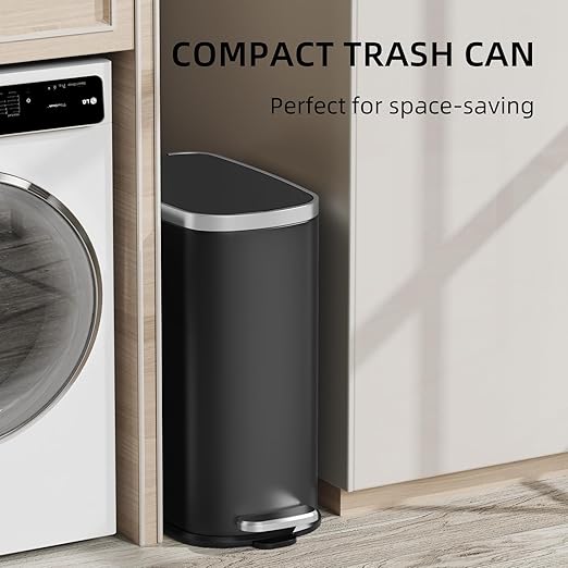KUK Slim Bathroom Trash Can with Lid Soft Close Step Pedal 2.6 Gal/ 10L Stainless Steel Garbage Can with Removable Inner Bucket Anti-Fingerprint Wastebasket for Office Bedroom Toilet (Black)