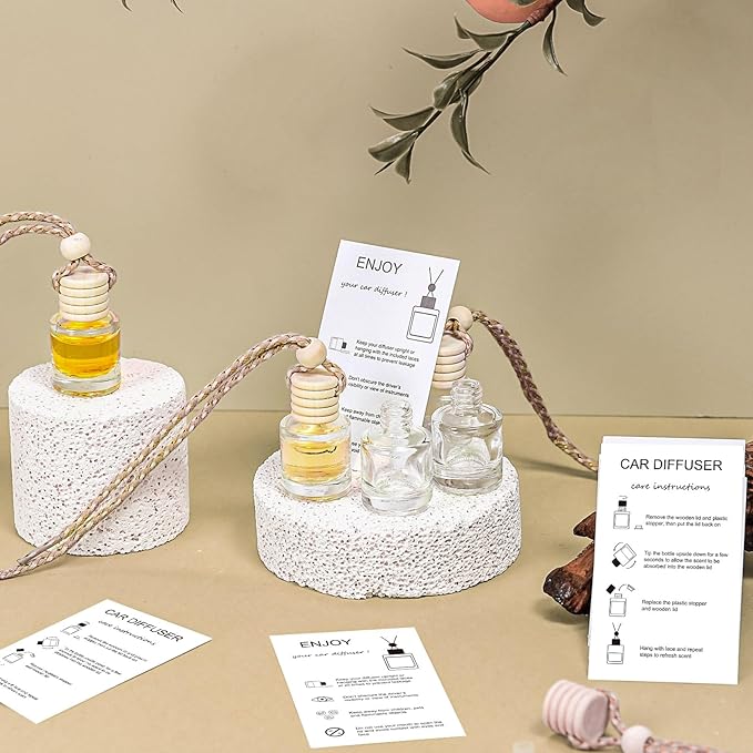 100 Sets Car Diffuser Bottles Empty Bulk Hanging Car Air Freshener Diffuser Bottles Glass Perfume Holder with Instruction Cards for Essential Oil Wedding Bridal Birthday Gifts (Cylindrical)