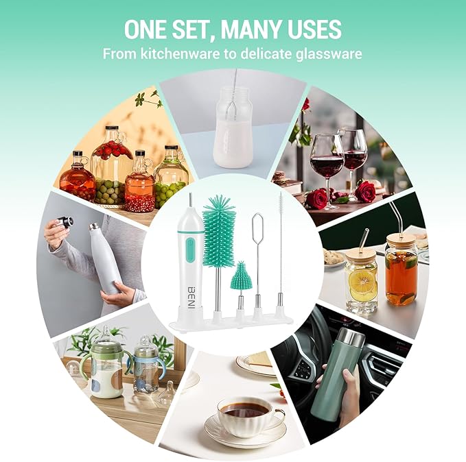 Travelling Electric Bottle Brush Cleaner Baby Bottle Brush Set Fully Water -Proof Bottle Brush Long Handle Brush BPA Free Silicon Brush Heads Drying Stand Milk Mixer Egg Whisk Included