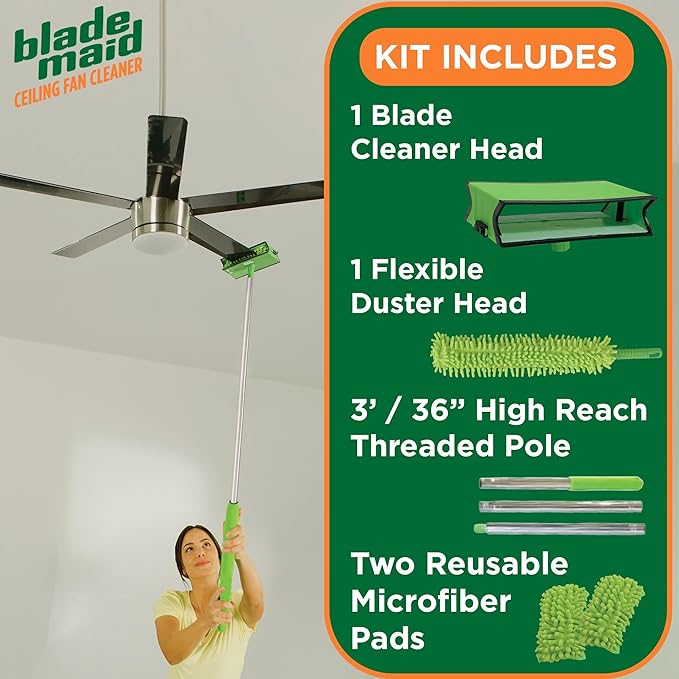 Blade Maid Ceiling Fan Blade Cleaner &amp Duster | Extendable Pole for High Ceilings Moldings Blinds Walls &amp Cars Corner Cleaning Tool with Reusable Microfiber Pads | Size 3 feet (Pack of 1)