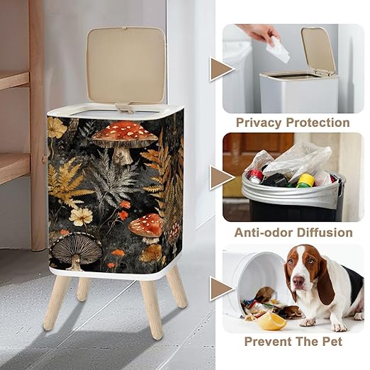 Small Trash Can with Lid Mushroom Seamless Boho Black Brown Mushroom Forest Vintage Mushrooms 2.6 Gallon/10L Garbage Can Waste Bin with Pop-Up Lid Wood Legs Wastebasket for Bathroom Kitchen Bedroom