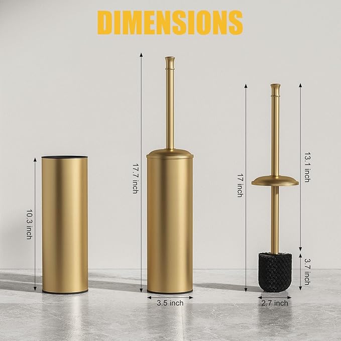BESy Toilet Brush and Holder Toilet Cleaner Bowl Set with Two Brush with Extra Long Handle Durable Bristles Toilet Scrubber and Covered Holder Drip-Proof Stainless Steel Brushed Gold