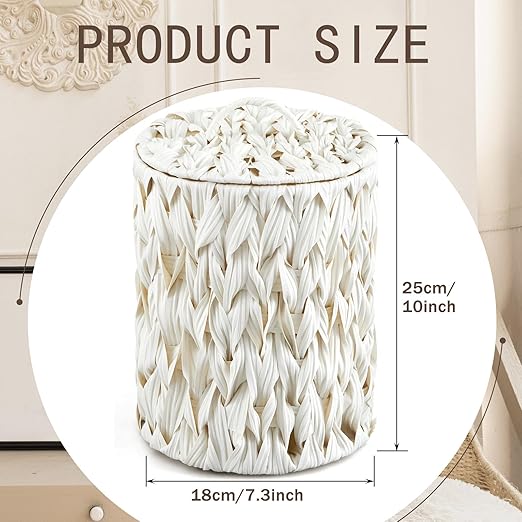 Ctosree 1.3 Gallons Small Trash Can with Lid Handle Boho Woven Braided Bathroom Waste Basket Trash Can with 100 Garbage Bags for Bedroom Office Laundry(Cream WhiteBraided PolypropyleneRound)