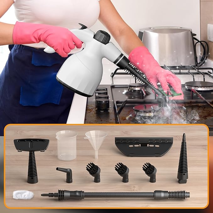 Handheld Steam Cleaner: Multi-Surface Steamer with 10 PCS Accessories Pressurized Natural Steam Cleaner for Home Cleaning Dirt Grease Grout Tile Floor Couch and Car White