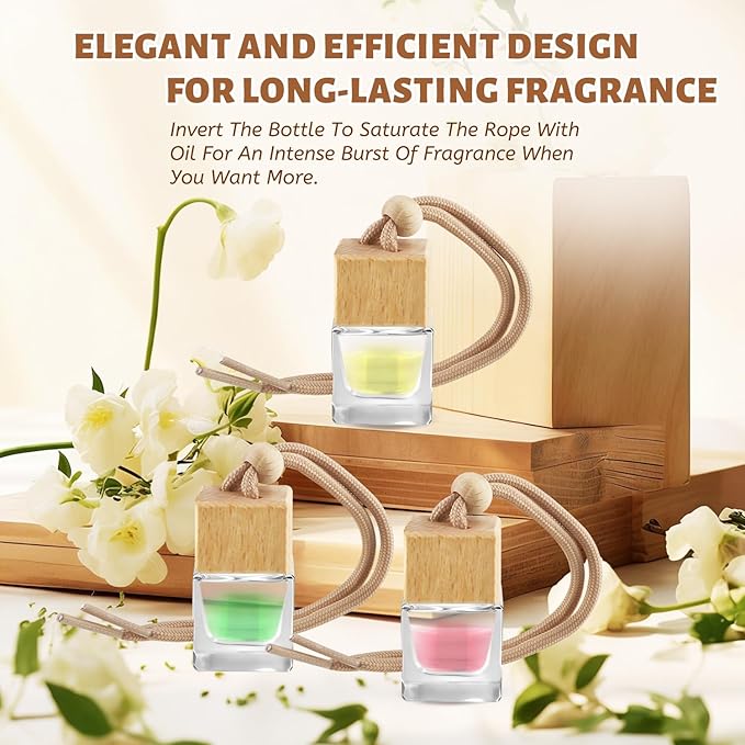 50 Pcs 8ml Hanging Car Air Freshener Diffuser BottlesEmpty Glass Perfume Ornament Bottle Essential Oil Freshener Diffuser Fragrance Pendant Glass Vials with Wooden Caps &amp Hanging String (Square)