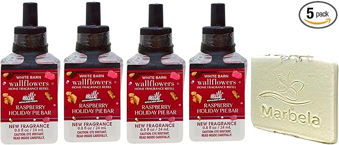 Bath &amp Body Works Raspberry Holiday Pie Bar 4 Wallflowers Home Fragrance Refill Bulbs with Natural Oats Soap Sample
