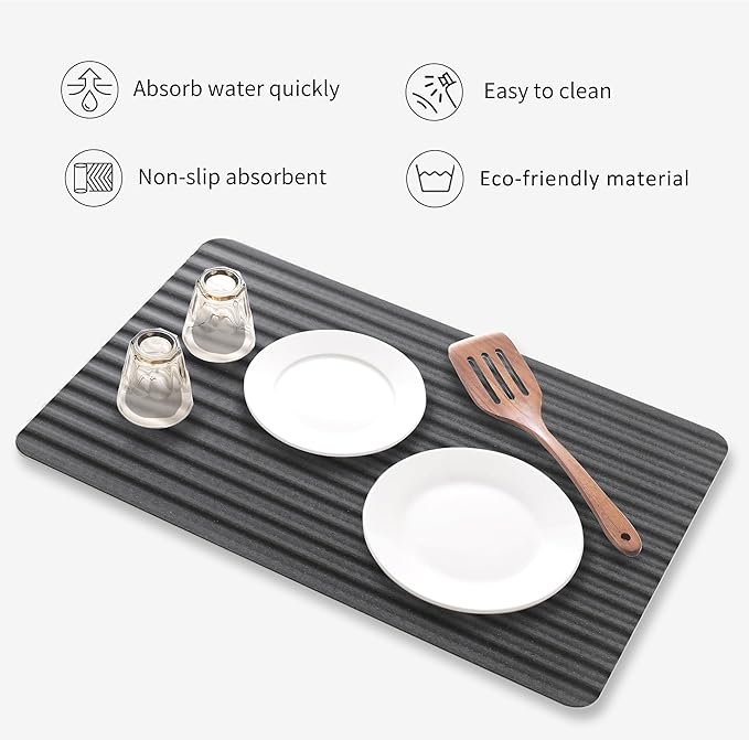 Stone Drying Mat for Kitchen CounterWavy Dish Drying Mat Instant Water AbsorptionFast Drynon-slipHeat-ResistantLarge Stone Drying Mat for Dishes and More (dark grey 23.6*15.3in)
