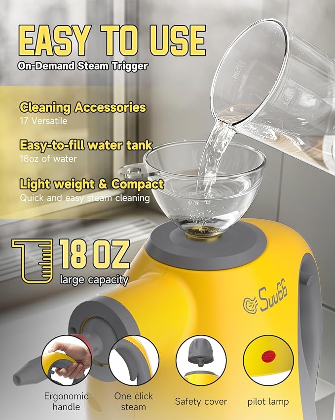 Handheld Steam Cleaner with Safety Lock 500mL Large Tank &amp 19PCS Accessories - Multi-Surface Deep Cleaning for Kitchen Bathroom Car Sofa - Removes Stubborn Grime Sanitizes Surfaces (Yellow)