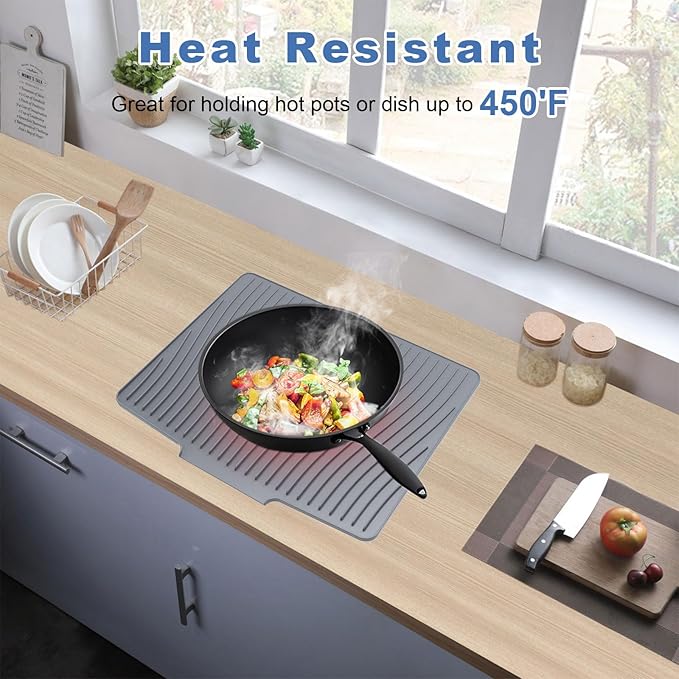 Silicone Dish Drying Mat with Drain Lip 23.6'' x 17.9'' Non-Slip Silicone Dish Drying Mat for Kitchen Counter Heat Resistant Dish Drying Pad Quick Dry Self-draining Dish Drainer Mat Board Grey
