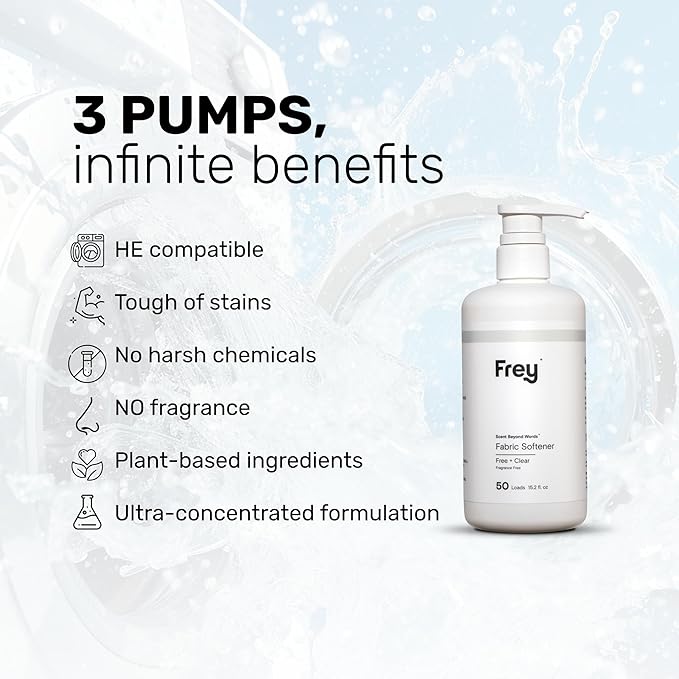 FREY Concentrated Liquid Laundry Detergent | Formulated for Sensitive Skin &amp HE Washers | Removes Stains Effectively | 50 Loads per Bottle (2-pack Unscented)