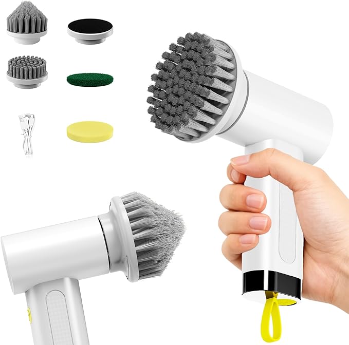 3000mAh Cordless Electric Spin Scrubber 20W High-Torque IPX7 Waterproof Cleaning Brush with 6 Replaceable Heads Dual Speed 150-180 Mins Runtime for Kitchen Bathroom Car