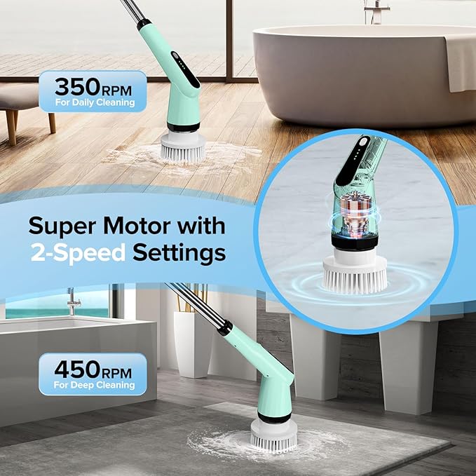 Electric Spin Scrubber Dreazu IPX7 Bathroom Scrubber with 7 Replaceable Brush Heads &amp Retractable Handle 2-Speed Adjustable Spin Scrubber for Bathroom Bathtub Kitchen Tile Floors（Green）