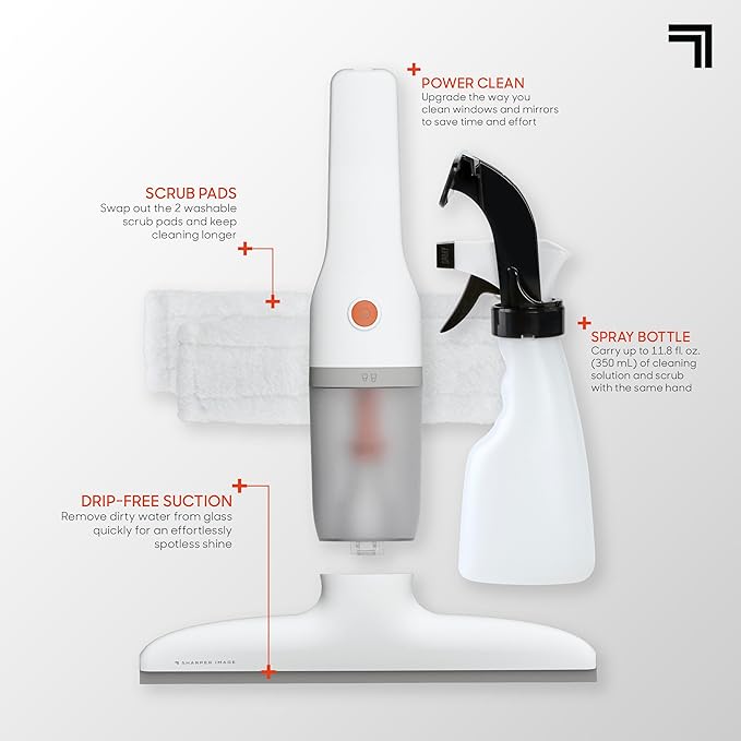 Sharper Image® 2-in-1 Window Vacuum Cleaner Kit – Cordless Squeegee Spray Bottle 11 Blade 2 Washable Microfiber Pads| Cleaning Supplies Tool Set| Glass Mirrors Shower Windows Car Windshield