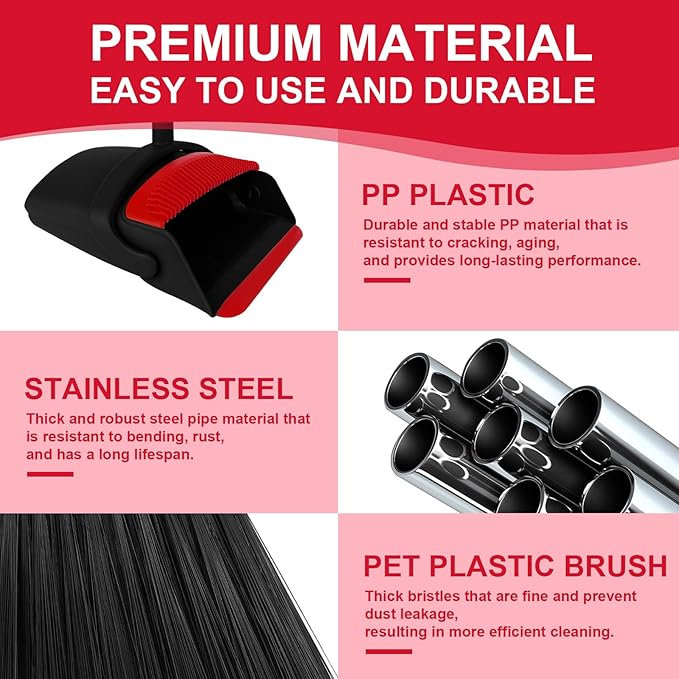 Broom with Dustpan Combo Set and Silicone Air Broom Kit 51 Long Handle Floor Squeegee Red Household Kit for Glass Window Rugs Pet Hair Home
