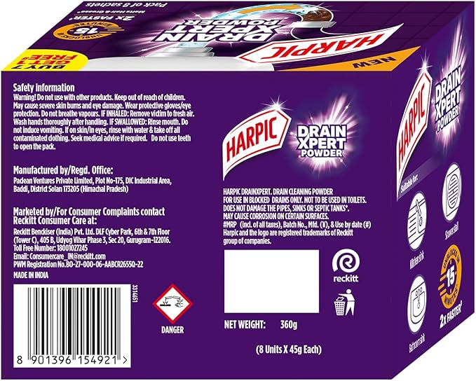 Harpic Drain Xpert Drain Cleaning Powder (50g x 8) | Removes Blockages in Pipes Sinks &amp Septic Tanks| Works within 30 minutes | Melts Grease &amp Dissolves Hair (Pack of 2)