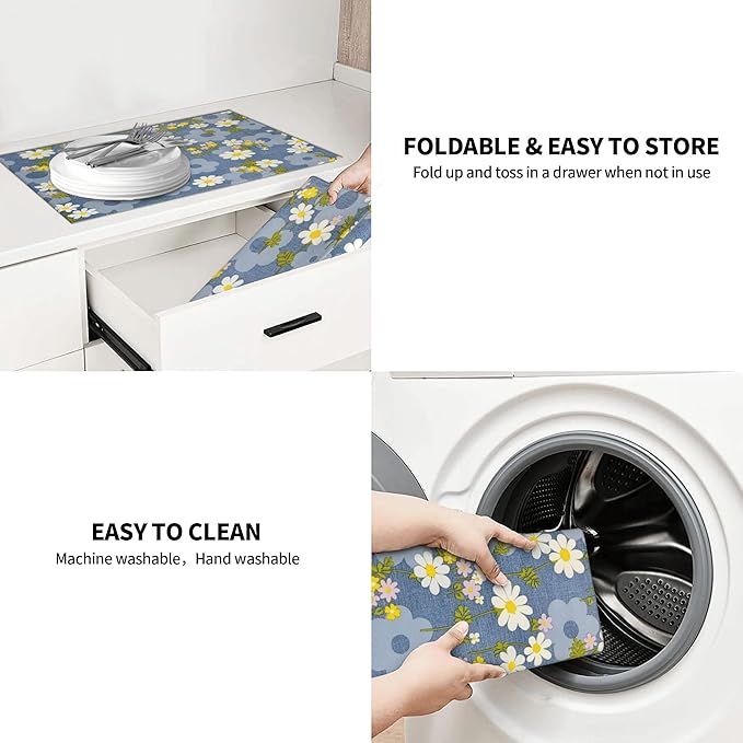 Daisy Flowers Dish Drying Mat for Kitchen Counter 18x24 Microfiber Absorbent Fast Dry Mat 2Pcs Dish Mat Faucet Mats Sets Large Drying Kitchen Mat Kitchen Drying Pad Coffee Bar Decor Gifts