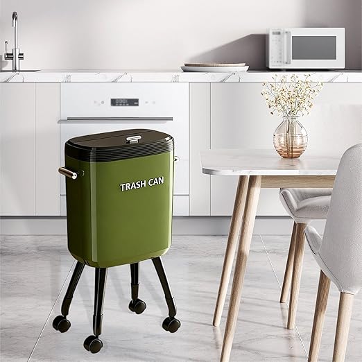 Garbage Can with Legs Dustbin High Foot 15L Large Capacity Household No Bending Wastebasket for Office Bedroom Kitchen Toilet Green with Caster