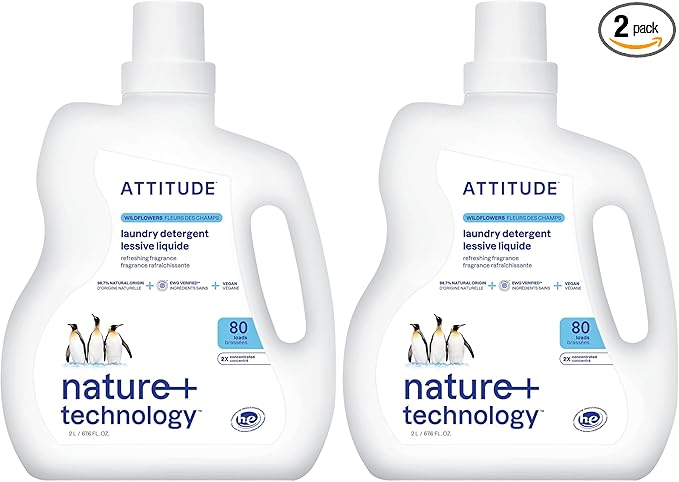 ATTITUDE Liquid Laundry DetergentEWG VerifiedHE CompatiblePlant-Based &amp VeganNatural Laundry SoapWildflowers80 Loads67.6 Fl Oz(Pack of 2)