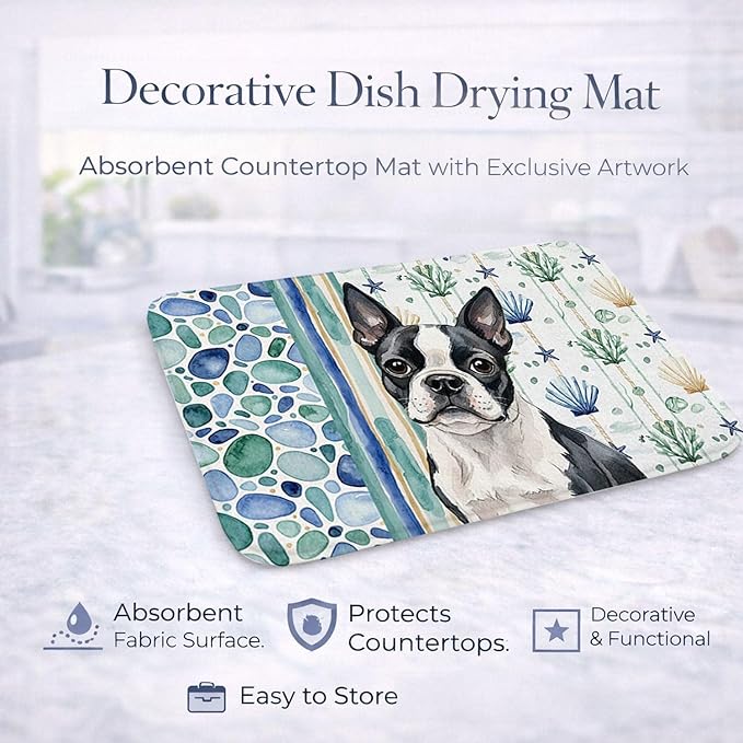 Caroline's Treasures Boston Terrier Coastal Sea Glass Dish Drying Mat Absorbent Dish Drying Mat Pad for Kitchen Counter Dish Drainer Mat for Countertop 14 x 21 Multicolor