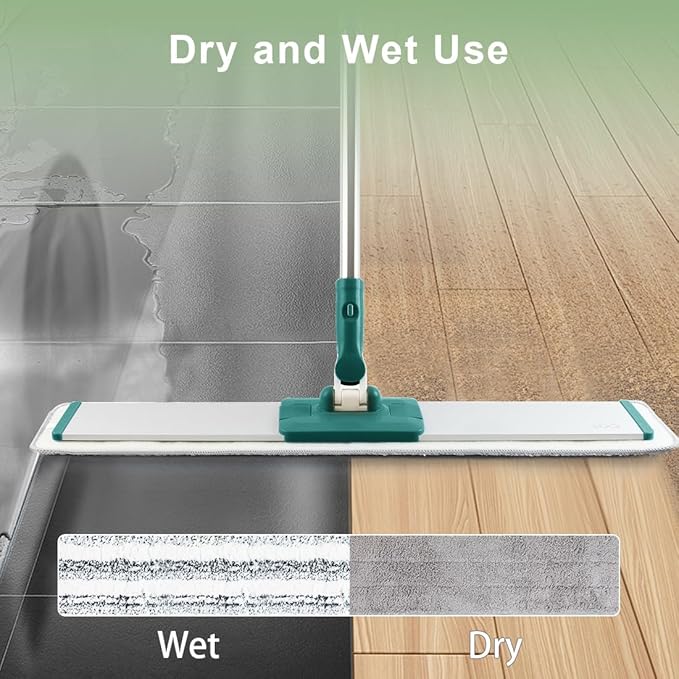CQT Commercial Flat Microfiber Floor Mop Cleaning System 24 Inch Wet Dry and Dust Hardwood with 4 Washable Pads Cleaner for Laminate Tile Stainless Steel Handle and Extension (PT14 Green)