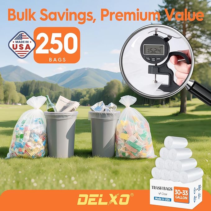 DELXO 30-33 Gallon Trash Bags 250 Count Heavy Duty Large Clear Garbage Bags Thick Durable and Puncture-Resistant Plastic Bags for Kitchens Yards &amp Offices Made in USA