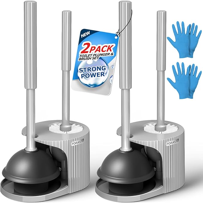 2Pack 2 in 1 Toilet Brush and Plunger Set Extended Handle PlungerToilet Bowl Brush Plunger SetBathroom Cleaning Tools Toilet Brush Plunger ComboCleaning BrushCleaning Supplies（Dark Grey）
