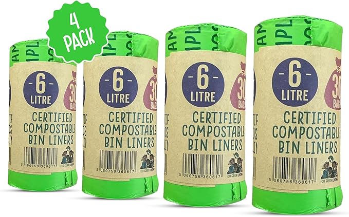 Eco Green Living 6 Litre Compostable Bin Liners – Plastic Free &amp Recyclable Caddy Bags for Food Waste Leak Resistant Small Bin Liners 36 x 66 cm - Quad Pack (120 Bags)