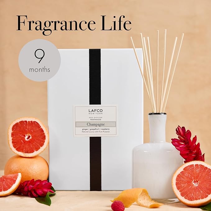 LAFCO New York Signature Reed Diffuser Champagne - 15 oz - Up to 9 Months Fragrance Life - Reusable Hand Blown Glass Vessel - Natural Wood Reeds - Made in The USA