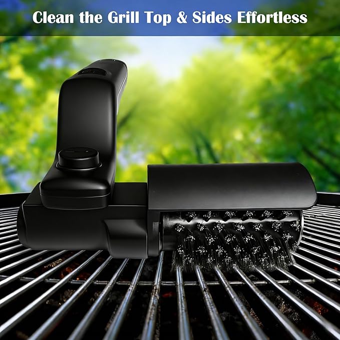Cordless Electric Grill Brush with Adjustable Angle 3-Speed Power Motor &amp Stainless Steel Head - Rechargeable 90-Min Runtime Waterproof Grill Cleaner for BBQ Grates &amp Griddles (Black)