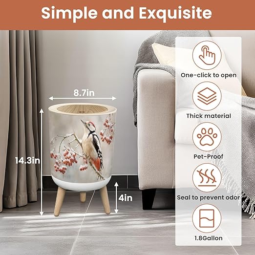 Bathroom Trash Can with Lid Abstract Woodpecker Snowy Red Berries Snow Tree Branch Winter Setting Garbage Bin Waste Basket for Kitchen Office Bedroom Decoration Diaper Pail 1.8 Gallon