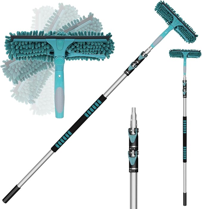 20 Feet High Reach Window Squeegee with 5-12Ft Extension Pole Window Cleaner Tool with 3-Stage Telescoping Pole Window Cleaning Kit with Rotatable Head (2 Squeegee &amp 2 Microfibre Cloths)