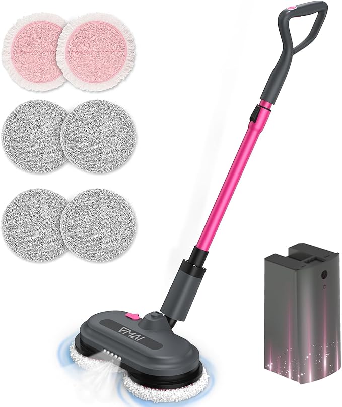 VMAI Cordless Electric Mop for Floor CleaningWater Sprayer Spin Mop with 300ML Water TankLED Lighting and Removable BatteryUp to 60mins Working Time for Hardwood Tile Laminate Marble Floor(Rose)