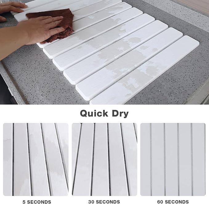 Diatomaceous Earth Stone Dish Drying Mat for Kitchen Counter – 24”x16” Non-Slip Quick-Dry Surface Sleek Foldable Design &amp Collapsible Storage White