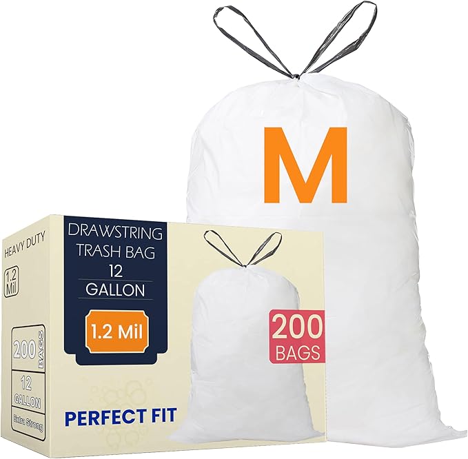 Code M (200 Count) 12 Gallon Heavy Duty Drawstring Trash Bags Compatible with simplehuman Code M Garbage Can Liners 12 Gallon/45 Liter | 1.2 Mil | White